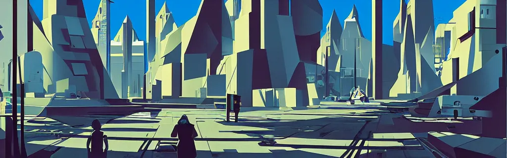 Image similar to sci - fi city street with faceted angular buildings, modernism, gouache, animated film, stylised, illustration, by eyvind earle, scott wills, genndy tartakovski, syd mead