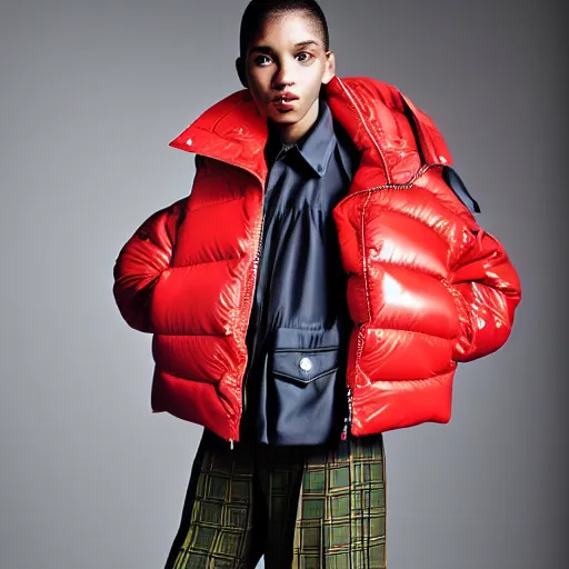 Image similar to realistic photoshooting for a new balenciaga lookbook color film photography of a beautiful woman model, model wears a puffer jacket, photo in style of tyler mitchell, ssense