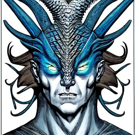 Image similar to head and shoulders portrait of a medieval d & d fantasy anthropomorphic blue dragon - headed - human hybrid with electrcity magic, comic book cover art photo by phil noto, frank miller, hr giger