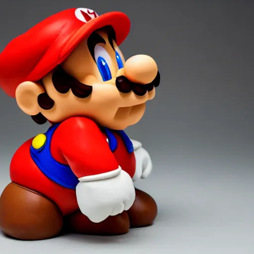 Image similar to clay sculpture of super mario stomping on a goomba. studio photography.
