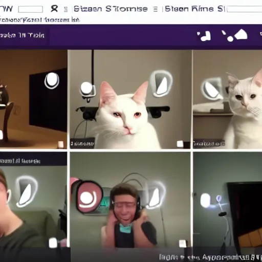 Prompt: screenshot of stream on twitch. tv, white cat wearing headphones in room