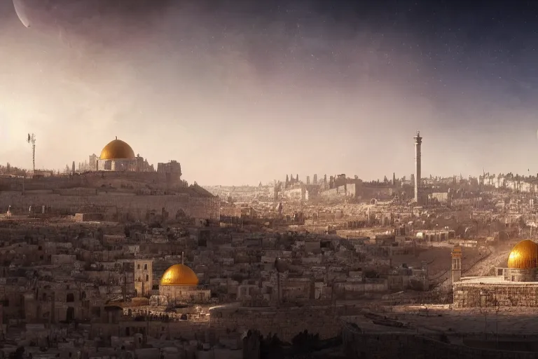 Image similar to jerusalem city on the moon, matte painting, long shot, concept art, wide shot, digital art, trending on artstation, 4 k, extremely detailed, realistic, midday, warm colors, golden sunlight, by greg rutkowski, cinematic, epic