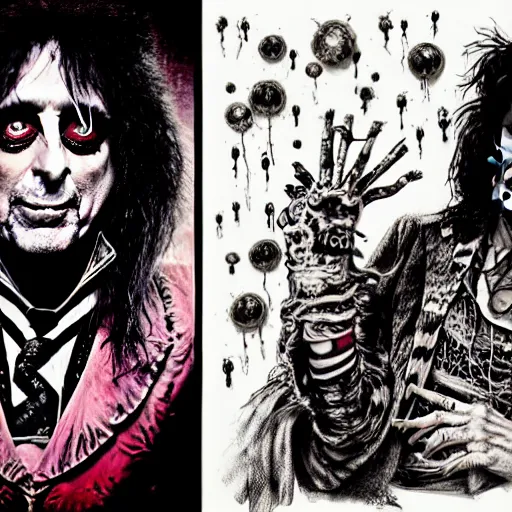 Image similar to graphic illustration, creative design, alice cooper in alice in wonderland, biopunk, francis bacon, highly detailed, hunter s thompson, concept art