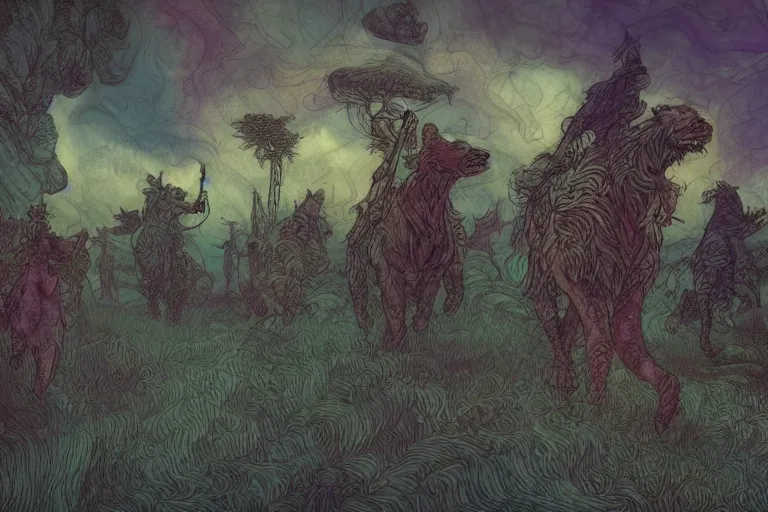 Prompt: group of bear riders walking through a psychedelic landscape, in the style of Greg Broadmore and Arthur Rackham and Moebius, trending on artstation, light lighting side view,digital art,surrealism ,macro,blueprint ,vaporwave ,