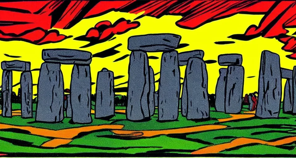 Image similar to color sketch of stonehenge, highly detailed, dramatic lighting, intense shadows, rich deep colours, by roy lichtenstein