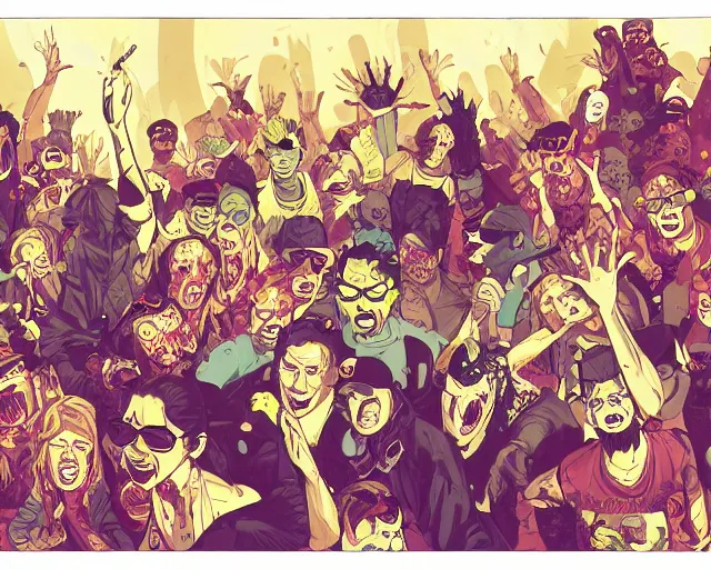 Image similar to a study of cell shaded cartoon of zombies raving in a nightclub, illustration, wide shot, subtle colors, post grunge, concept art by josan gonzales and wlop, by james jean, Victo ngai, David Rubín, Mike Mignola, Laurie Greasley, highly detailed, sharp focus, alien, Trending on Artstation, HQ, deviantart, art by artgem