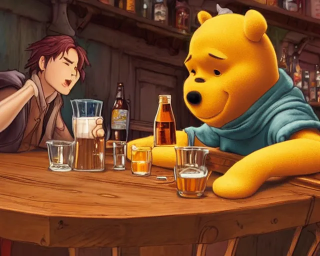 Prompt: close up of frank dillane drinking beer and winnie! the pooh! eating honey! from a pot! at a bar counter, intricate, detailed, realistic, digital painting, sharp focus, octopath traveler, unreal engine 5 highly rendered, detailed face