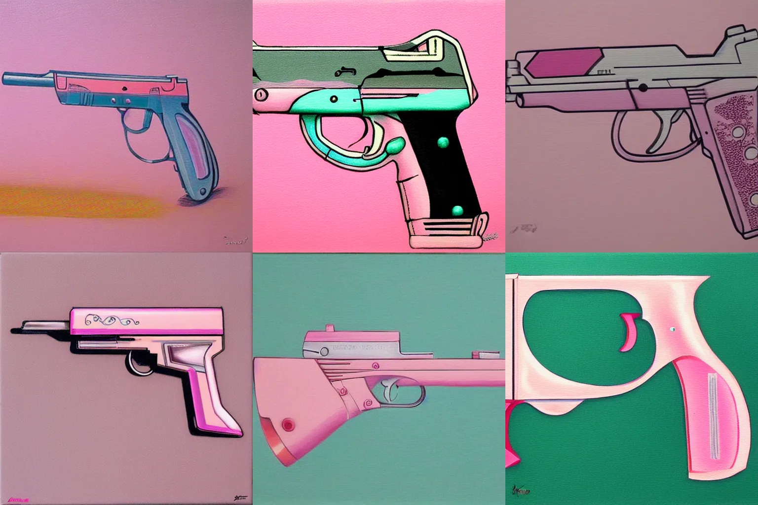 Prompt: futuristic pistol, light pink, Japanese style, cute, painting by leonardo divinci