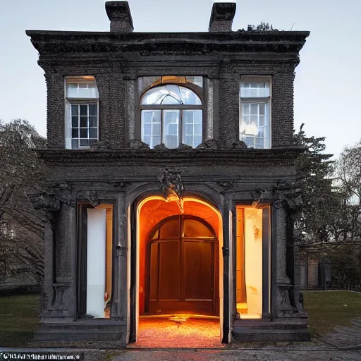 Prompt: smooth bulbous shapes protruding like wooden lava from the front door and lower windows of an elegant three-storey 19th-century house, surreal, installation art reimagined by industrial light and magic