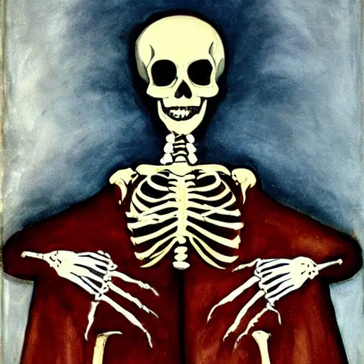 Prompt: skeleton wearing blue puffy old jacket, classic painting, dark, mystical