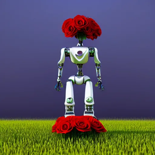 Prompt: 3D render of a Robot holding red roses while standing in grassy field, 8K, by Sergii Golotovskiy