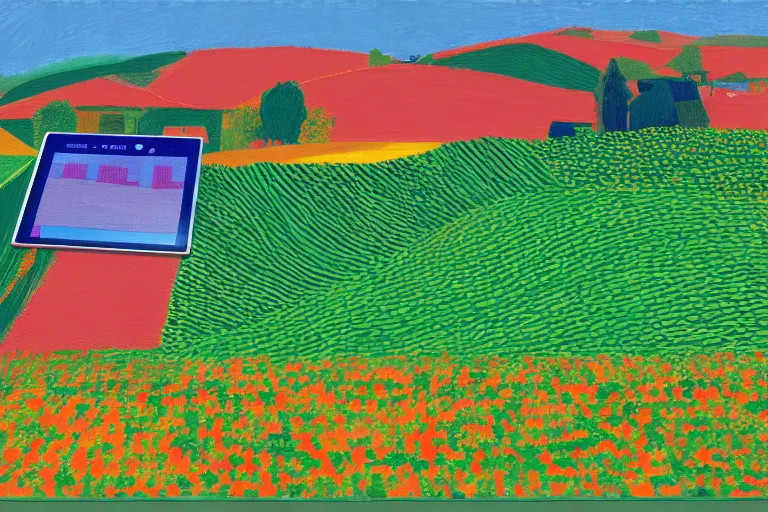 Image similar to dreaming from a new economy and a new financial system for high precision farming, painted by David Hockney, iPad-H 768