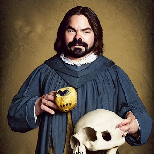 Prompt: a portrait of matt berry as a medieval doctor holding a skull, pixar, dark fantasy