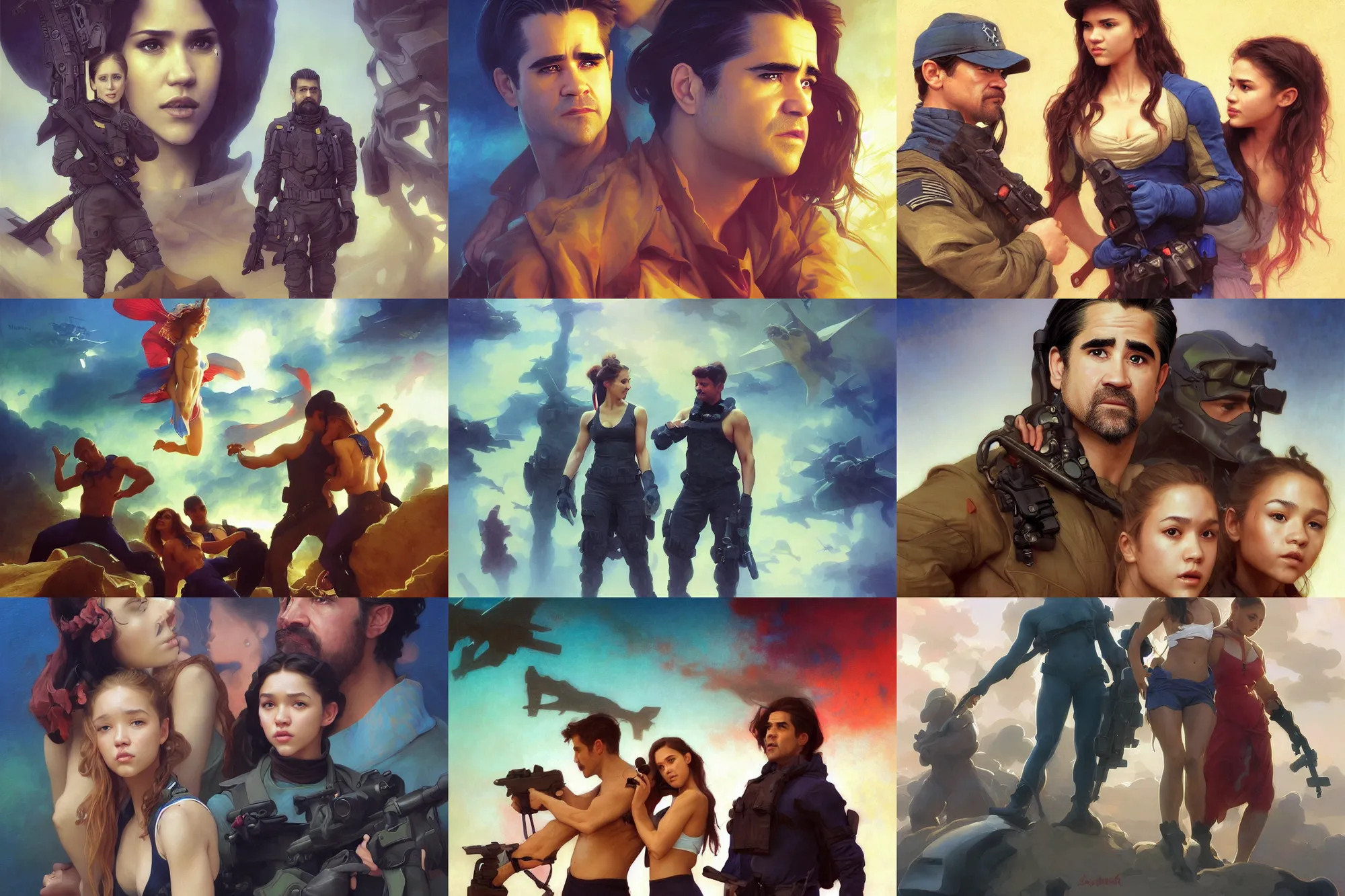 Prompt: Vibrant depiction of Colin Farrell Jessica Alba And Zendaya as navy SEAL illustration by Ruan Jia and Mandy Jurgens and William-Adolphe Bouguereau, Artgerm, 4k, digital art, surreal, space dandy style, highly detailed, godsend, artstation, digital painting, concept art, smooth, sharp focus, illustration by Ruan Jia and Mandy Jurgens and William-Adolphe Bouguereau