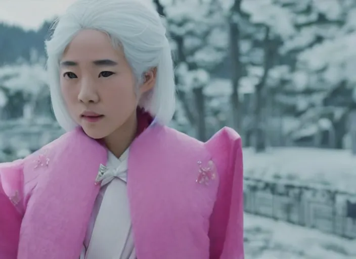 Image similar to a film still of a japanese princess young lady called kamisato ayaka, with white hair and bangs!!!! in the grand budapest hotel ( 2 0 1 4 )