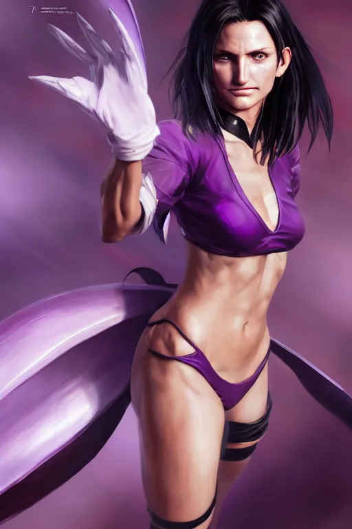 Image similar to Tekken 4 fighter anime Stunning Portrait Cameron Diaz with purple leotard, long black hair wearing fighting cuffs in a fighting stance, digital painting, artstation, concept art, soft light, hdri, smooth, sharp focus, illustration, art by tian zi, craig mullins, Mark Arian, WLOP, alphonse mucha