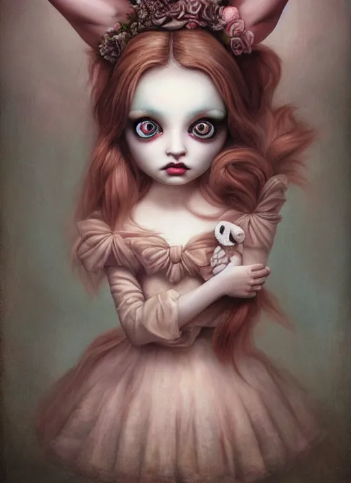 Prompt: pop surrealism, lowbrow art, realistic cute alice girl painting, holding a bunny, hyper realism, muted colours, rococo, natalie shau, loreta lux, tom bagshaw, mark ryden, trevor brown style,