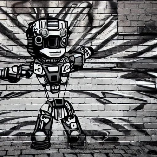 Image similar to chappie colorful graffiti, black and white zef design graffiti on the wall, dark lighting, digital art