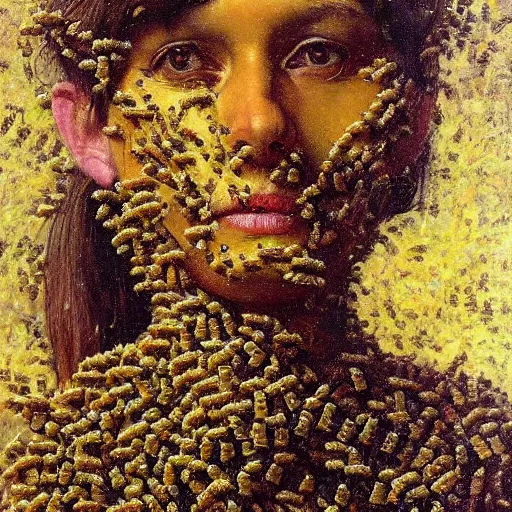 Image similar to a sculpture portrait made of bees and honey and flowers and plants, painting part by wojciech siudmak, part by ilya repin, part by max ernst, part by norman rockwell, artstation