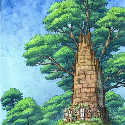 Image similar to laputa castle in the sky robot hayao miyazaki stands in a small clearing among trees, watercolor illustration for a book