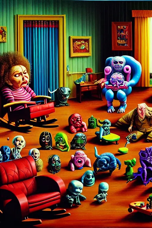 Image similar to a hyperrealistic painting of a room full of evil possessed toys watching a grandma in a rocking chair, cinematic horror by chris cunningham, lisa frank, richard corben, highly detailed, vivid color,