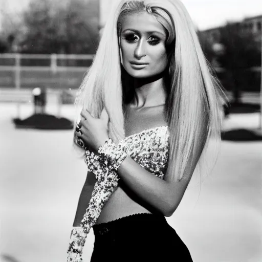 Image similar to photo of Paris Hilton by Diane Arbus, black and white, high contrast, Rolleiflex, 55mm f/4 lens