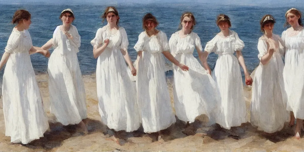 Prompt: five young edwardian women wearing white dresses on a beach in Sweden, two of them are holding hands, in the style of Anders Zorn