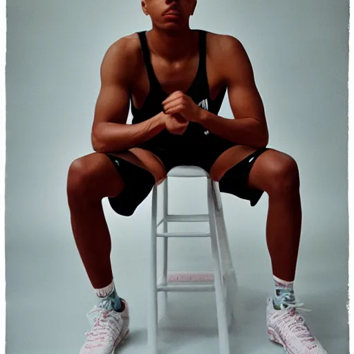 Image similar to realistic photoshoot for a new nike lookbook, color film photography, portrait of a beautiful caucasian person, in style of Tyler Mitchell, 35mm, graflex