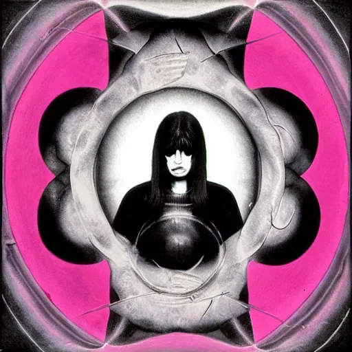 Image similar to post - punk new age album cover, psychedelic, black white pink, magic, giger h. r.