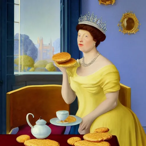 Image similar to the queen of england having tea and bisquits by Raphael, Hopper, and Rene Magritte. detailed, romantic, enchanting, trending on artstation.