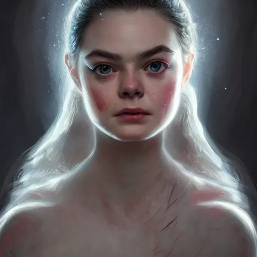 Prompt: head and shoulders portrait of modern darna, elle fanning in dead space, intricate, elegant, dark vibes, highly detailed, digital painting, artstation, glamor pose, concept art, smooth, sharp focus, illustration, art by wlop, mars ravelo and greg rutkowski