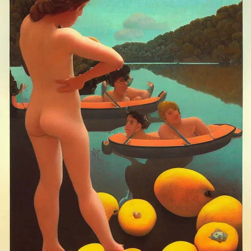 Image similar to a beautiful painting by gerald brom trending on artstation aquatic deepfried hovering reservoir cylinder corgie mango Beech New York Pie, by Felix Vallotton and Johfra Bosschart and Monsù Desiderio, impression