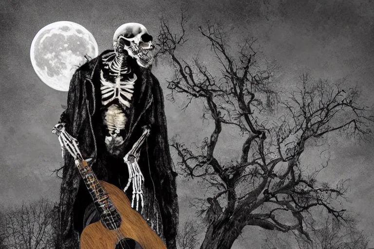 Prompt: mikhail gorsheniov as a skeleton with fingers of a goat in leather jacket plays blak guitar in the cemetery, dark night, full moon, crows on the oak tree, highly detailed digital art, photorealistic