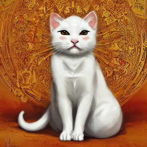 Image similar to A cute white kitty cat posing like a maneki neko cat, D&D, fantasy, intricate, cinematic lighting, highly detailed, digital painting, artstation, concept art, smooth, sharp focus, illustration, art by Akihiko Yoshida, Greg Rutkowski and Alphonse Mucha