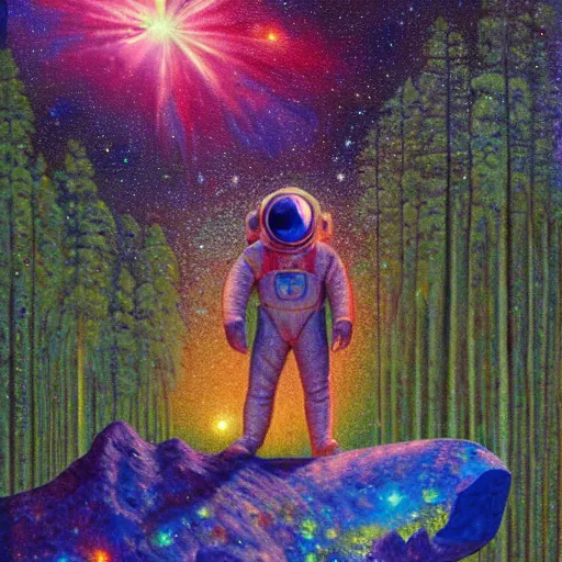 Image similar to psychedelic lush pine forest, space man, astronaut, outer space, milky way, designed by arnold bocklin, jules bastien - lepage, tarsila do amaral, wayne barlowe and gustave baumann, cheval michael, trending on artstation, star, sharp focus, colorful refracted sparkles and lines, soft light, 8 k 4 k