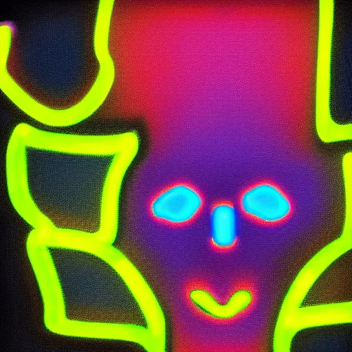 Image similar to digital art symmetrical demon face full of neon bright colours, in the dark, surrounded by smoke