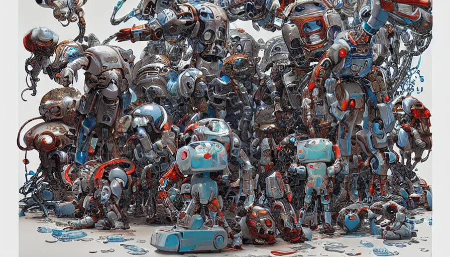 Prompt: a pile of disassembled futuristic robots by james jean, masterpiece, very detailed, vivid, aesthetic