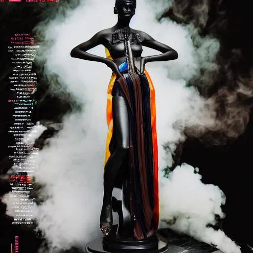 Prompt: black marble statue of a beautiful woman in the style of virgil abloh with in the background colorful motocross logos and traffic signs, colored smoke clouds, very very beautiful, detailed, off white, heron preston, 8 k, 4 k, detailed, beautiful, symmetrical, vogue, editorial, fashion, magazine, soft lighting