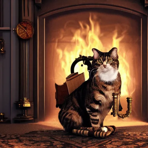 Image similar to steampunk cat sits in a chair in front of a fireplace in a book lined room and smokes a pipe, high realistic, high detailed, octane render