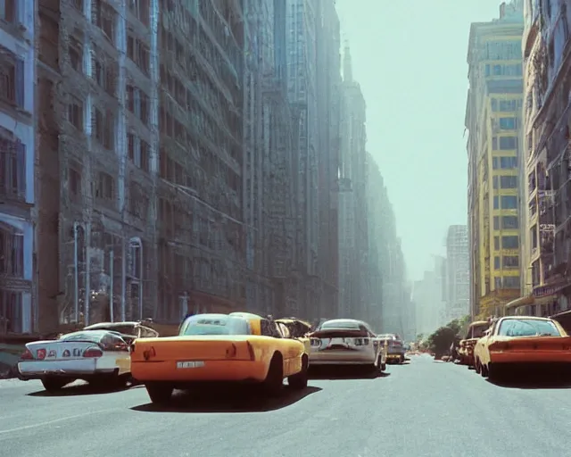 Prompt: a group of cars driving down a street next to tall buildings, a matte painting by andrey yefimovich martynov, pixiv, superflat, streetscape, anamorphic lens flare, photo taken with ektachrome - n 9