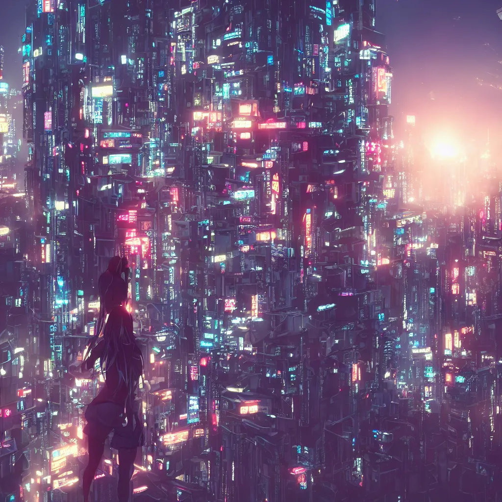 Image similar to a girl stands on top of a multi-storey building, anime style, 4k, cyberpunk city in the background, very detailed