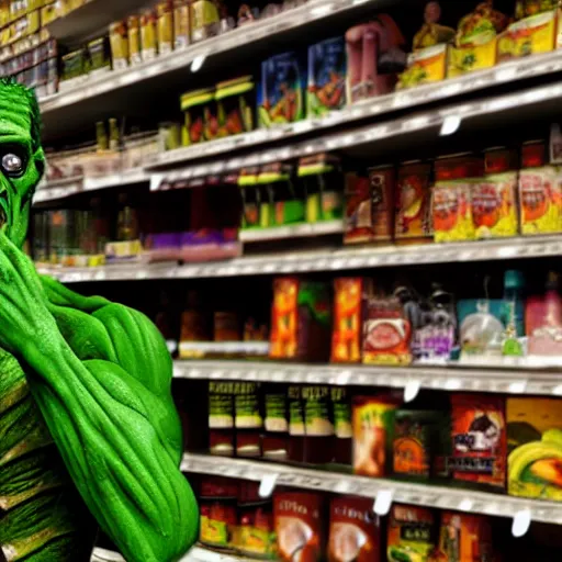 Prompt: foto of frankenstein in the grocery store, restored color, 4 k