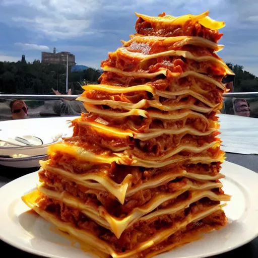 Image similar to a tower of lasagna to the sky