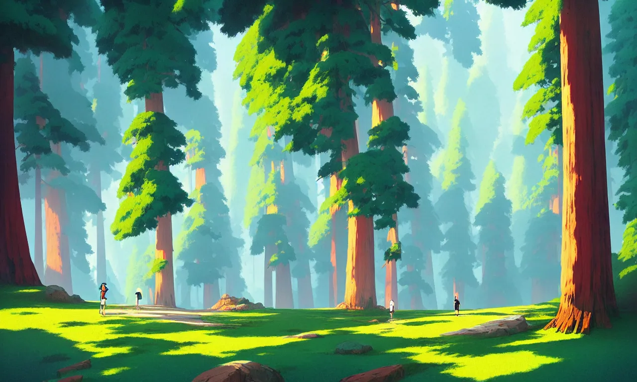 Image similar to Sequoia park in a colorful moutain with beautiful trees , no people, morning, by studio ghibli painting, superior quality, masterpiece, traditional Japanese colors, by Grzegorz Rutkowski, concept art