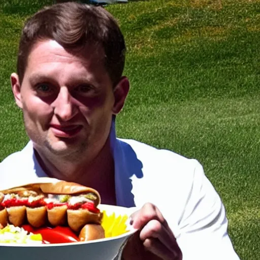 Image similar to Tim Robinson eating a hotdog bowl, like a burrito bowl but with little bits of chopped up hotdog in it