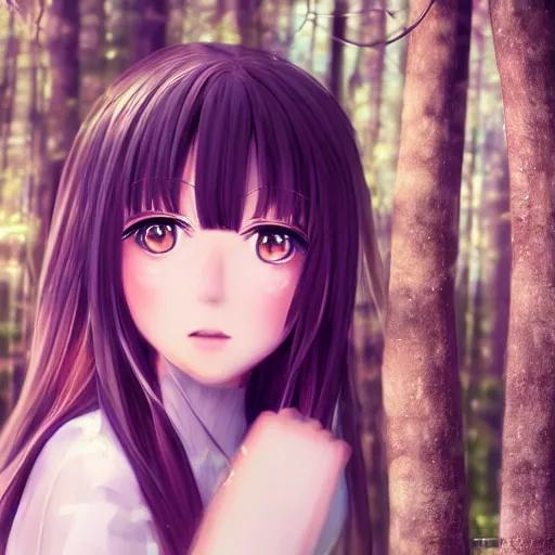 Prompt: 3d portrait of an adorable anime girl with long brown hair, looking partly to the left, blue shining eyes, light makeup, light pink lipstick, bokeh forest background, 4k, highly detailed, anime art style