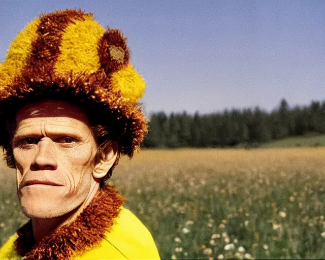 Image similar to William Dafoe in the bee costume on the sunny meadow with clear sky, film still, high detail