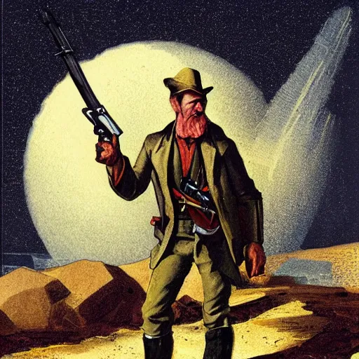 Prompt: 19th century scruffy american holding a musket, on mars, pulp science fiction illustration