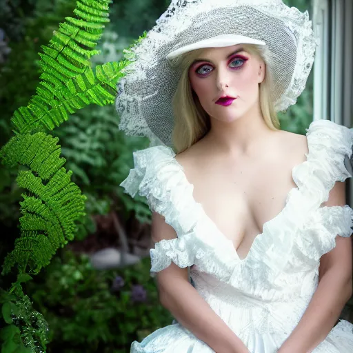 Prompt: big eyes full body fashion model margot robie smokey eyes makeup eye shadow textured film grain fantasy, glow, shimmer as victorian woman in a long white frilly lace dress and a large white hat having tea in a sunroom filled with flowers, roses and lush fern flowers ,intricate, night, highly detailed, dramatic lighting , high quality