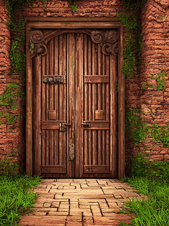 Image similar to professional digital art detailed old wood and rusted castle door entrance flowers with path outside cgsociety behance by Evgeny Lushpin